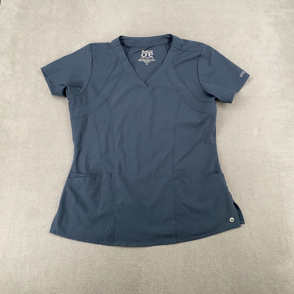 Barco One Womens Scrub Top Medium Navy Blue V-Neck Mesh Performance Medical 7640
